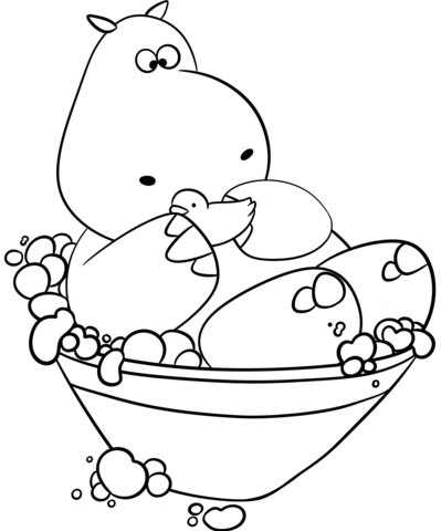 Hippo Is Taking A Bath Coloring Page